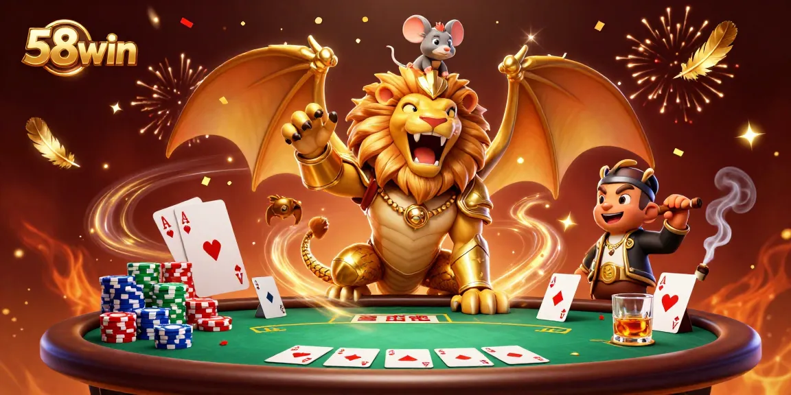 Experience the thrill of 58win with a winning chimera creature and poker elements in vibrant 3D art.