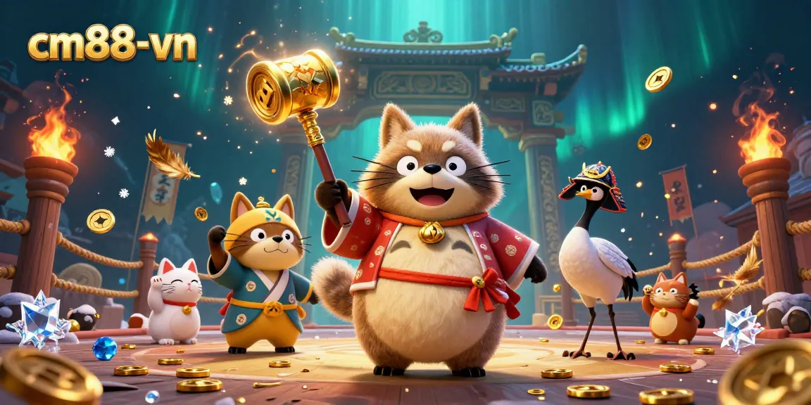 Engage in thrilling gameplay at cm88-vn with cheerful tanuki and lucky maneki-neko in festive scene.