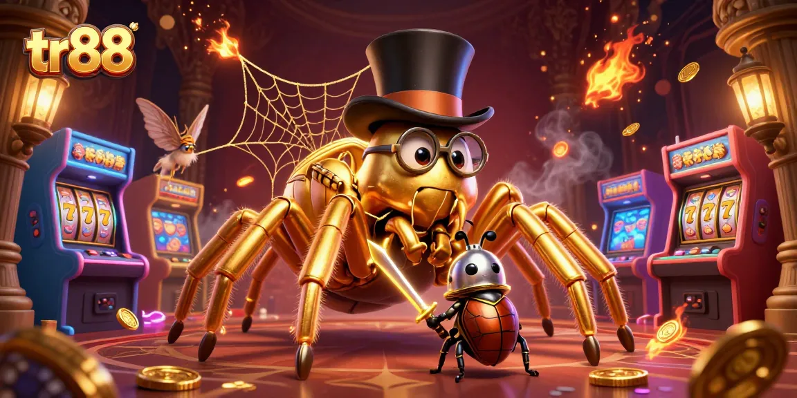 Experience thrilling gameplay at tr88 with a golden tarantula and knight in a vibrant casino landscape.