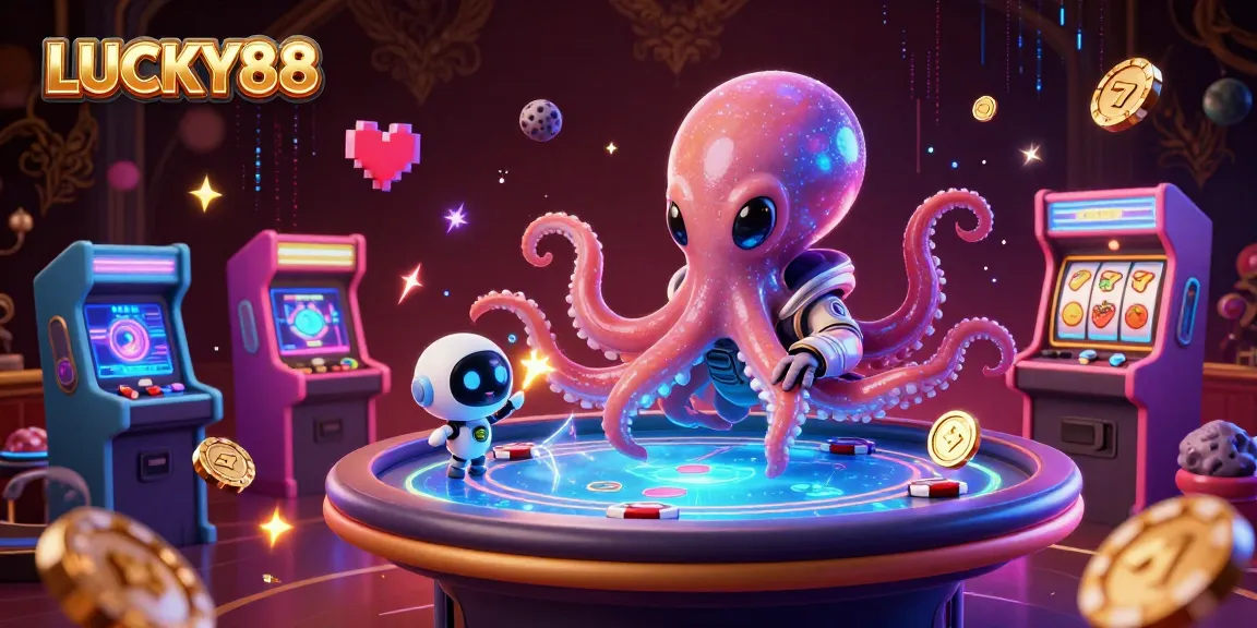 Experience the excitement of LUCKY88 with a vibrant illustration of an alien octopus at a holographic poker table.