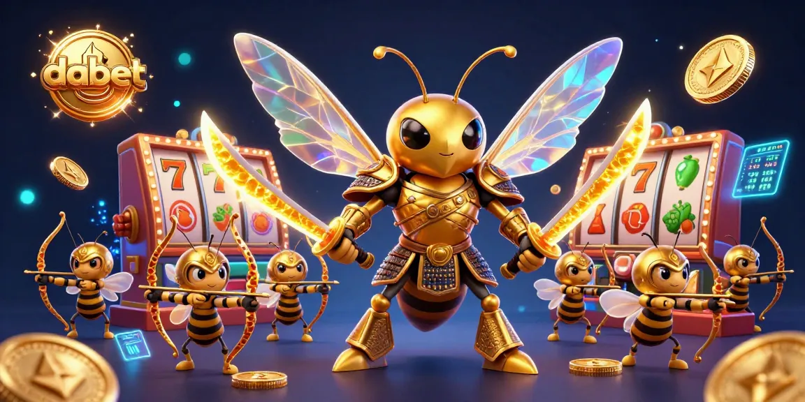 Dabet showcases vibrant 3D casino scene with golden hornet samurai and cryptocurrency elements.