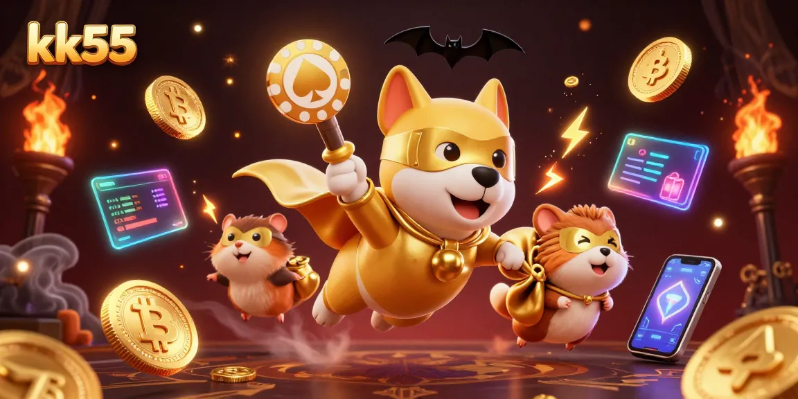 kk55 empowers players to unlock jackpots with a stunning superhero dog amid a vibrant casino scene.