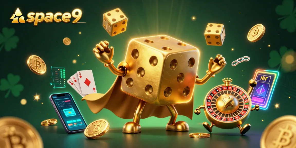 Experience epic gameplay at space9, featuring a lively 3D dice golem and crypto coins in a casino setting
