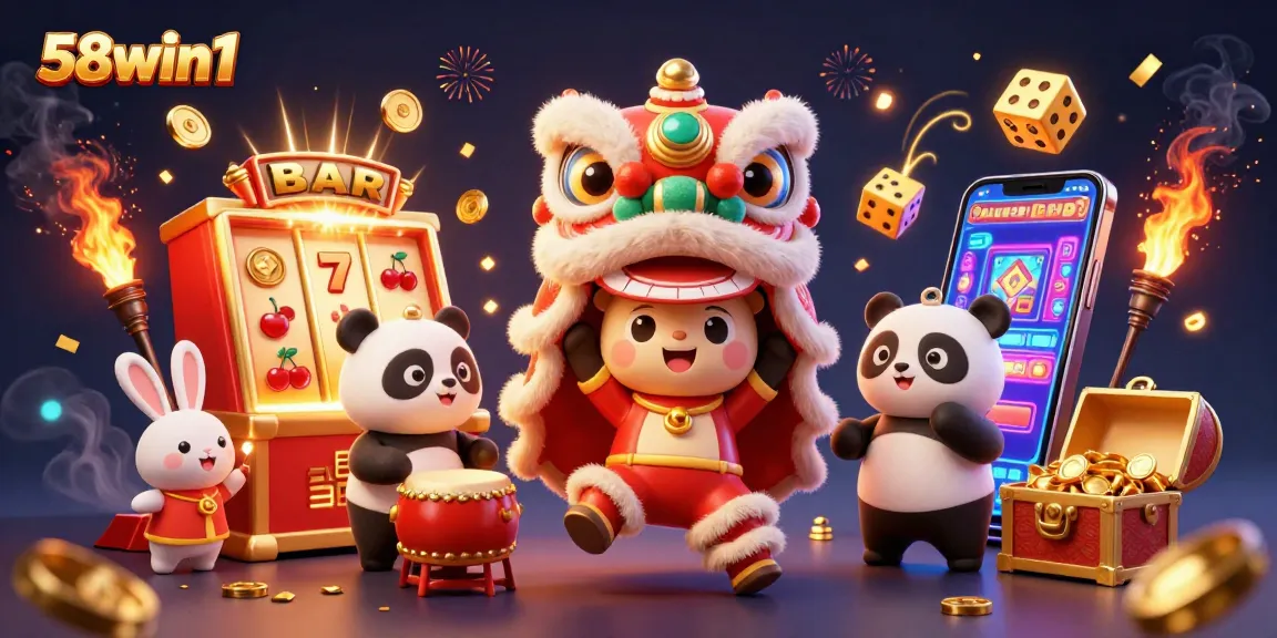 Experience thrilling casino action with 58win1 in this vibrant 3D illustration showing festive characters and gaming elements.