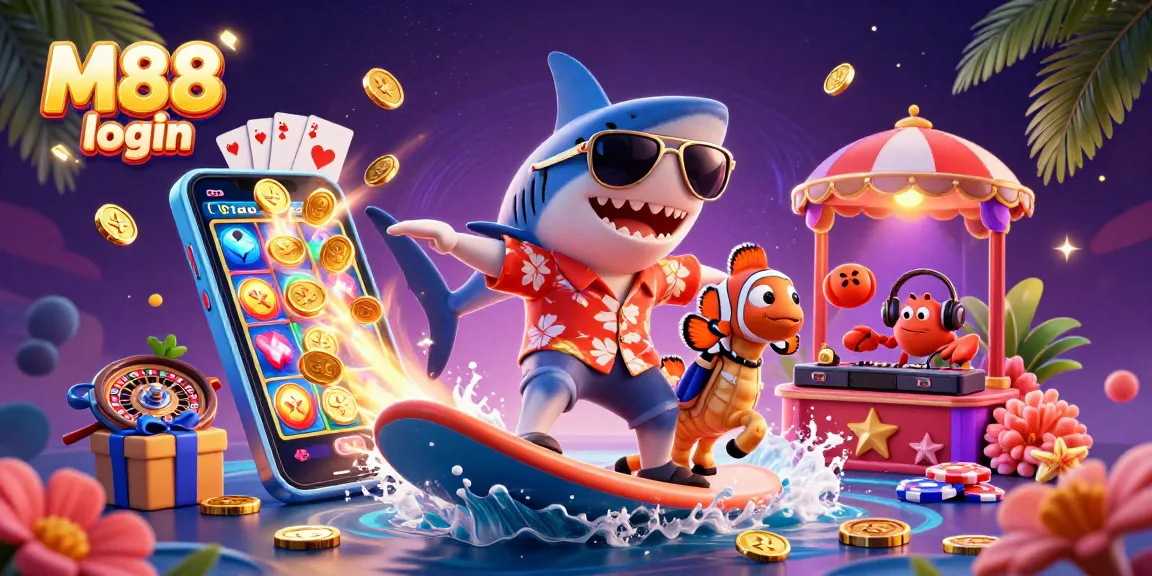 Engage with M88 login through this vibrant 3D illustration, showcasing a playful underwater gambling scene.
