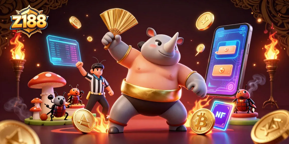 Experience thrilling gameplay at z188 with a dynamic scene featuring animated beetle champions and cryptocurrency elements.