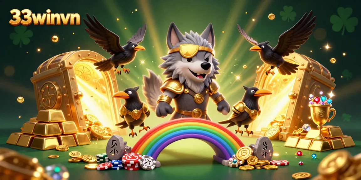 Engage with 33winvn's vibrant casino scene featuring Odin and ravens amidst a golden jackpot