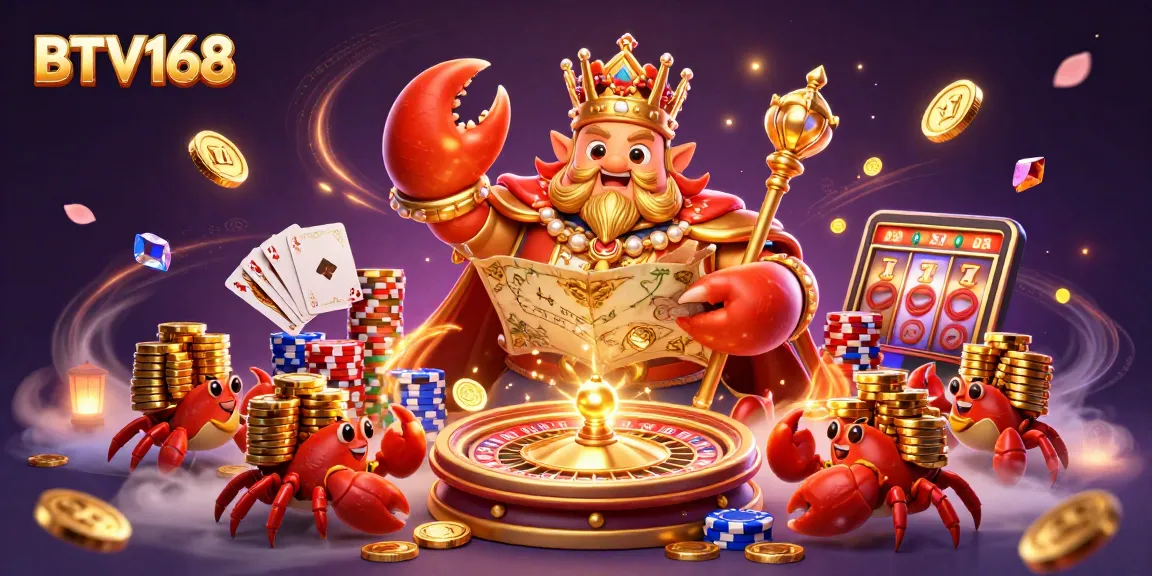 BTV168 captivating scene with a golden crab emperor amidst falling coins and playing cards.