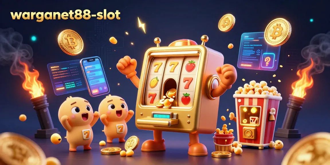 Experience excitement at warganet88-slot with a golden slot machine celebrating a jackpot amidst a carnival of coins and playful elements.