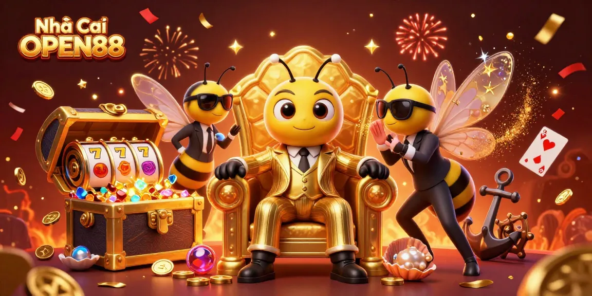 Explore the vibrant scene showcasing Nhà Cái OPEN88 with a 3D mob boss surrounded by treasure, slot reels, and festive elements.