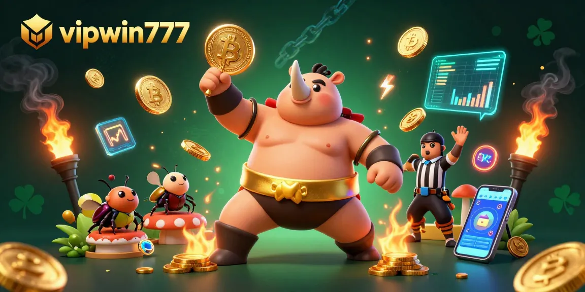Experience thrilling games at vipwin777, featuring vibrant 3D characters, coins, and crypto elements in a captivating casino scene.