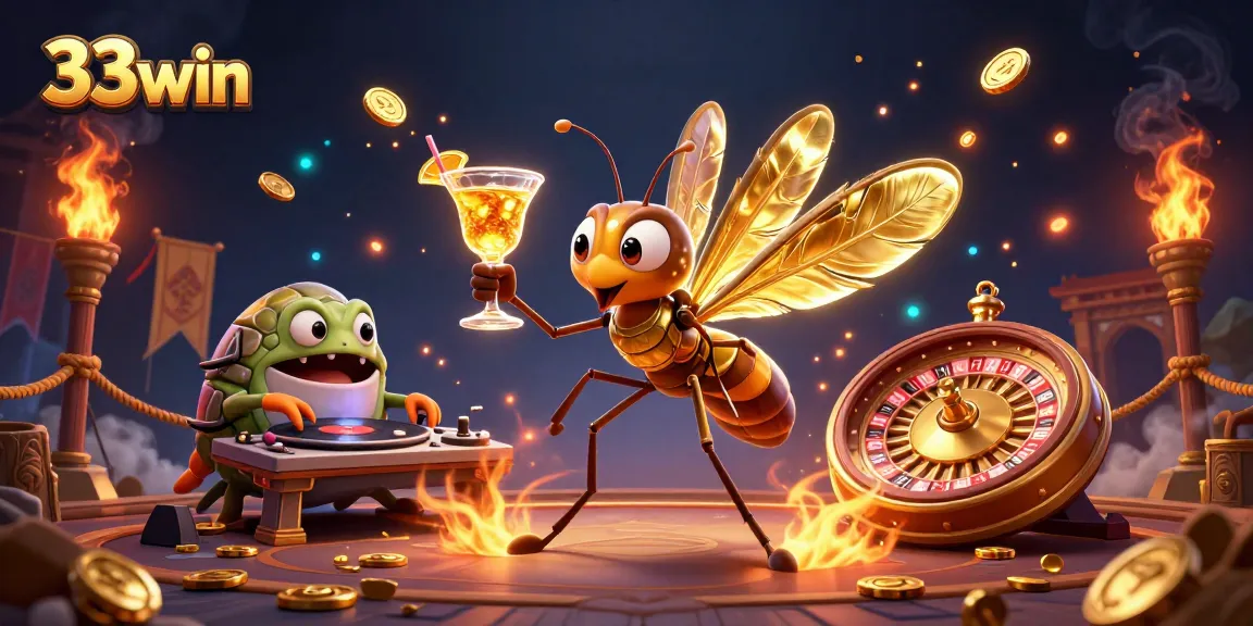 33win casino mascot animated scene with golden roulette, gold coins, and vibrant atmosphere
